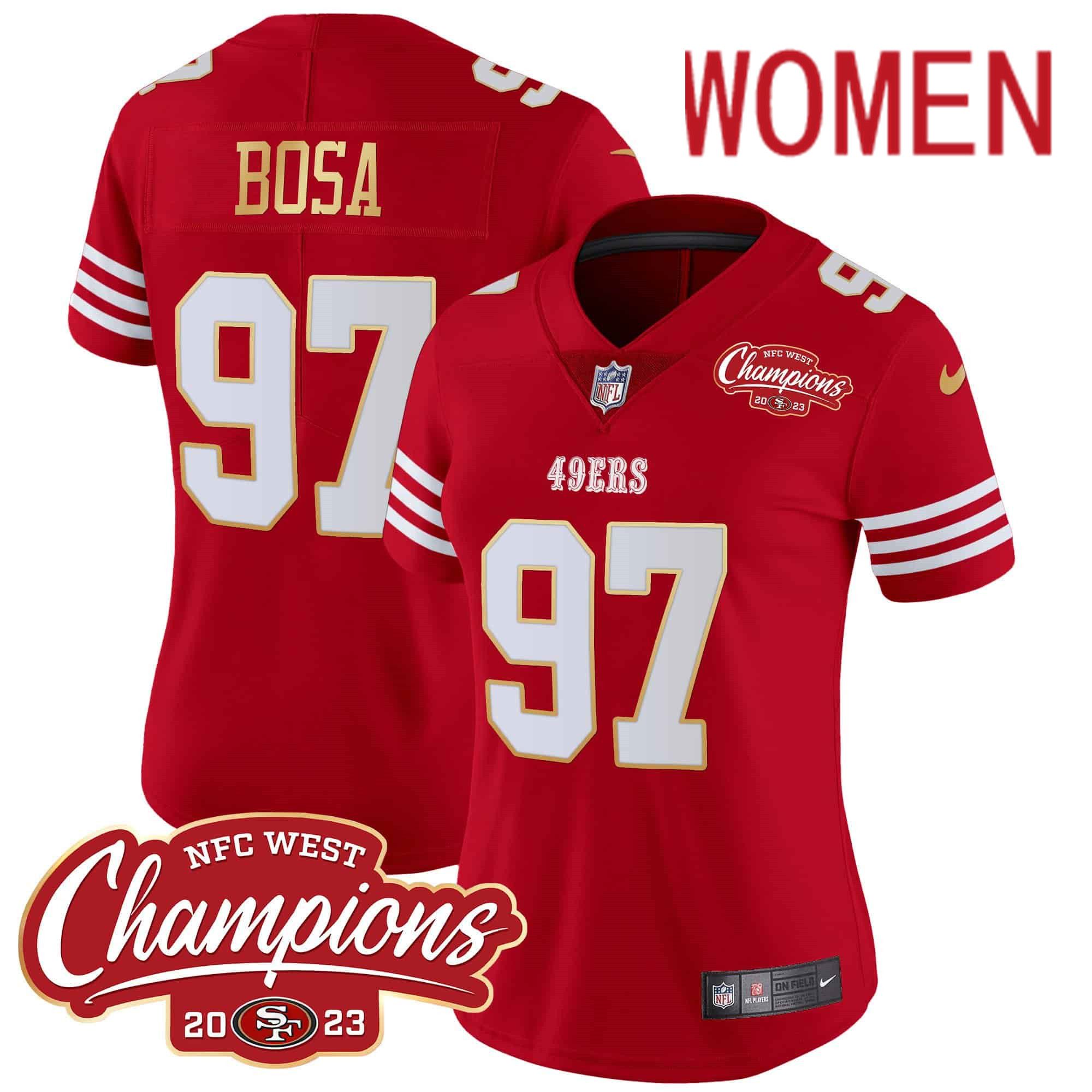 Women San Francisco 49ers 97 Bosa Red 2024 Nike NFC West Champions Gold Trim Vapor NFL Jersey style 1